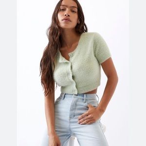 PACSUN LA Hearts Fuzzy Short Sleeve Cropped Cardi!. Lt Green, size S